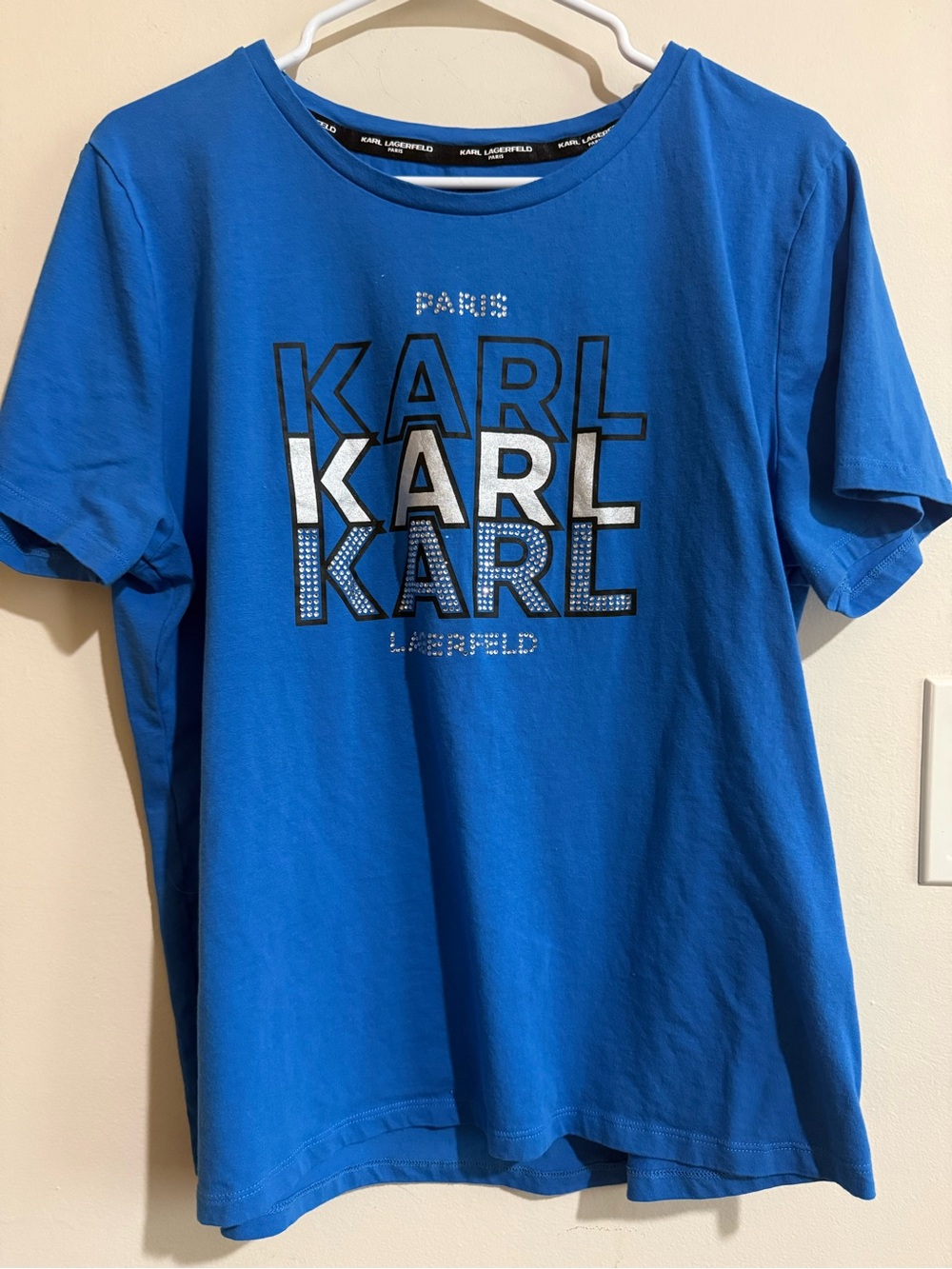 Karl Lagerfeld Blue Short-Sleeve Logo Tee with Silver Accents